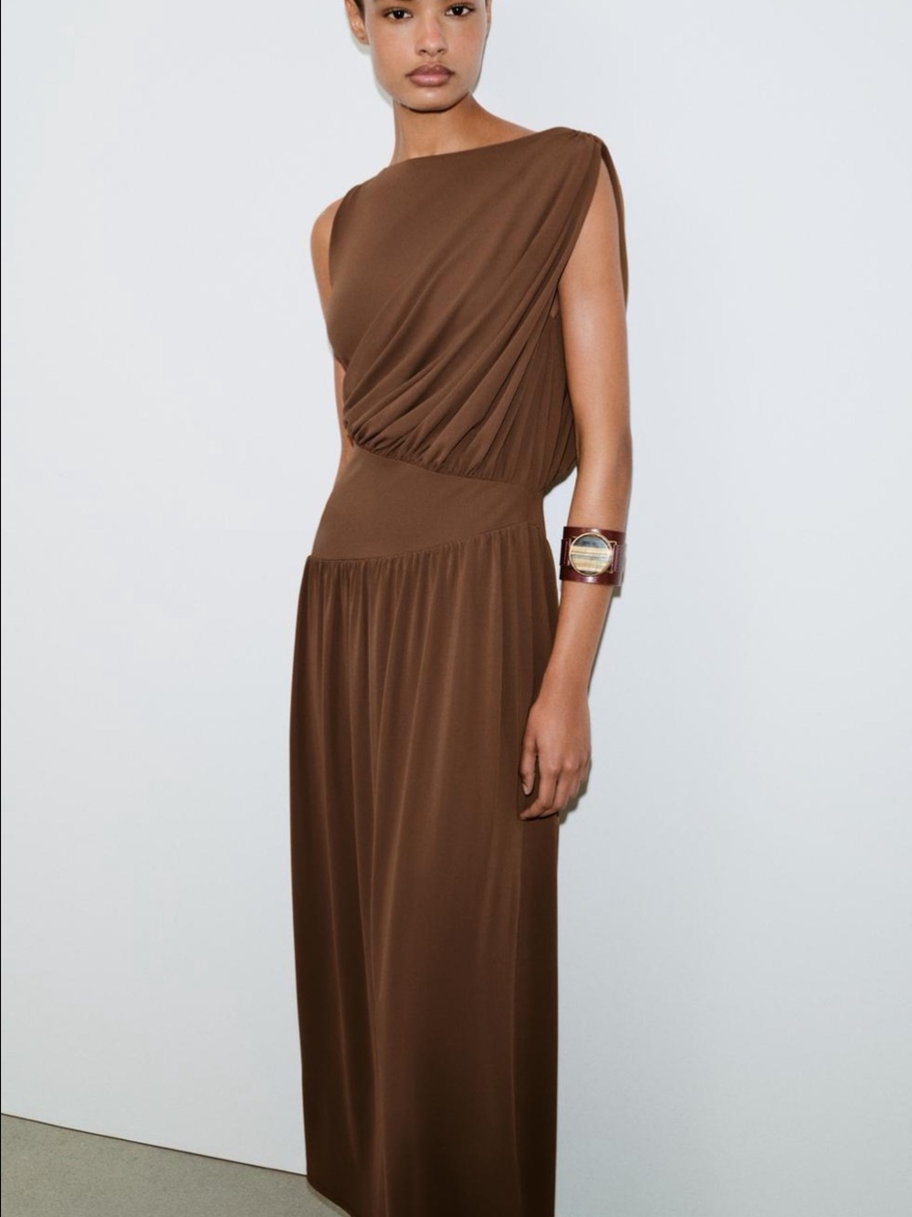 Zara One-Shoulder Brown Maxi Dress